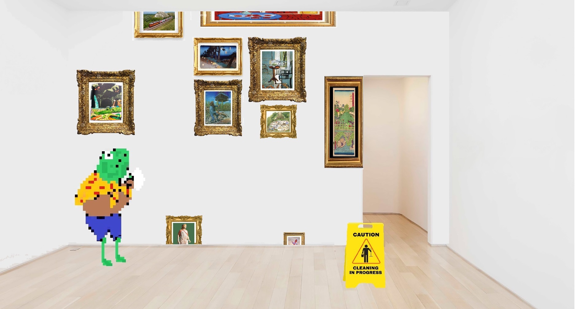 frog looking at paintings