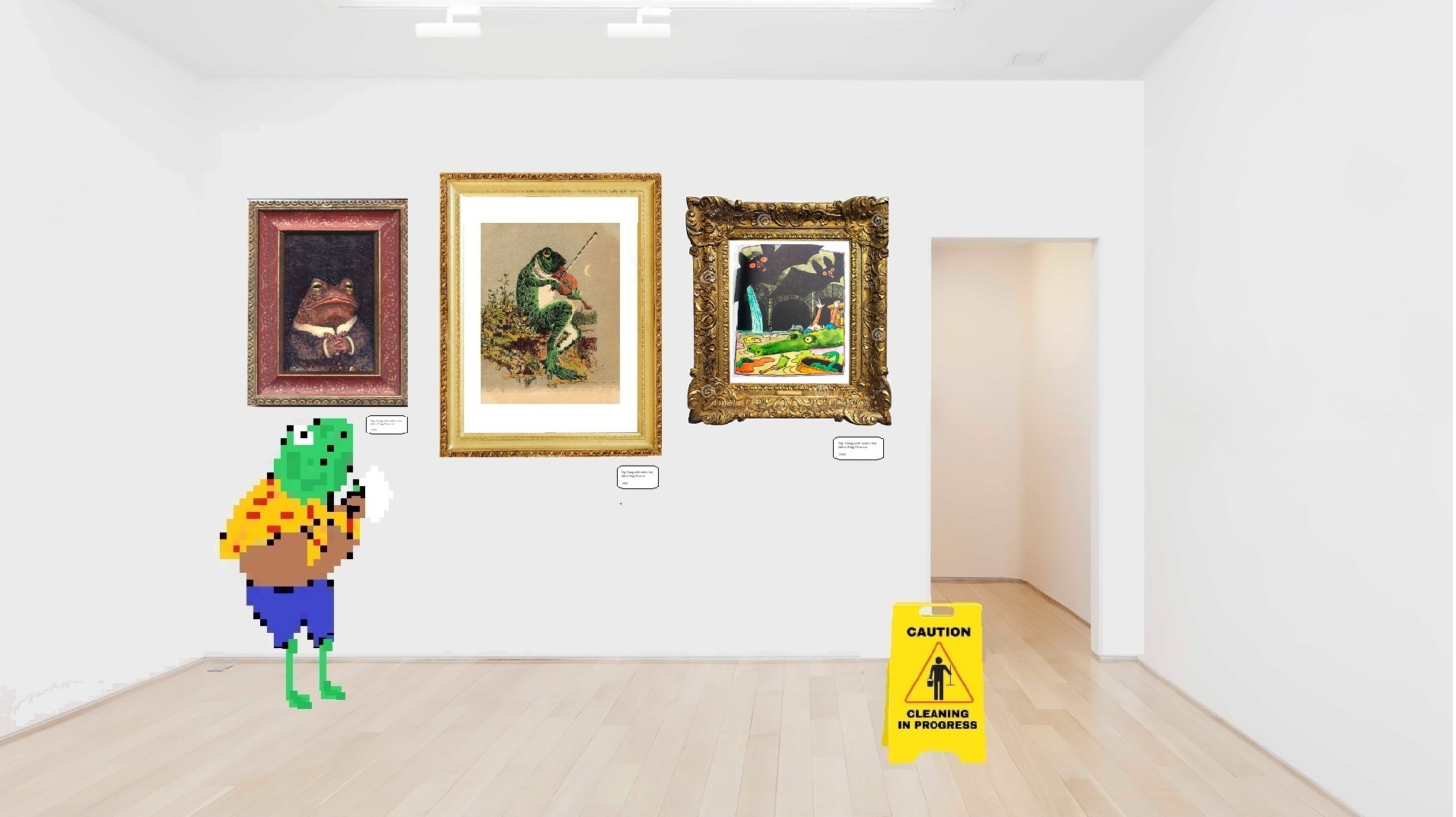 frog looking at paintings