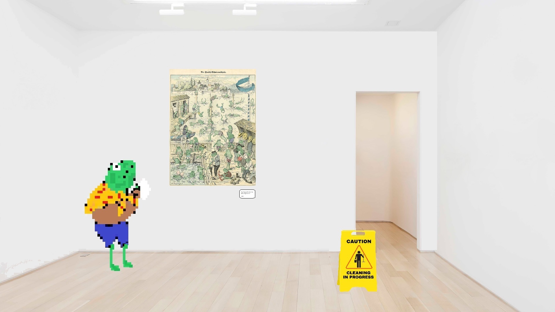 frog looking at paintings