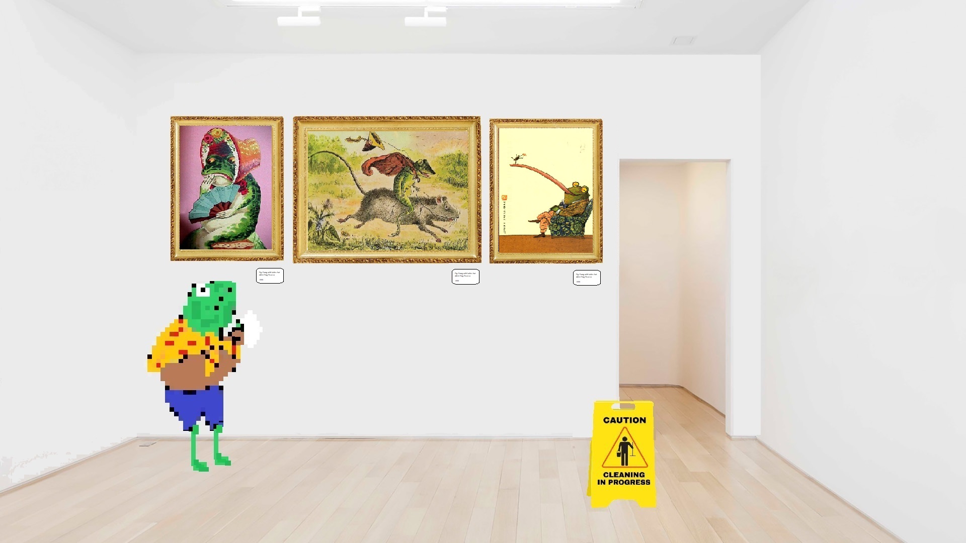 frog looking at paintings